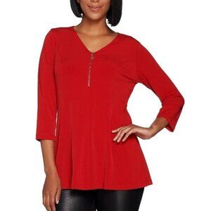 Susan Graver Bright Red Liquid Knit Fit and Flare 1X Top with Zipper 9350
